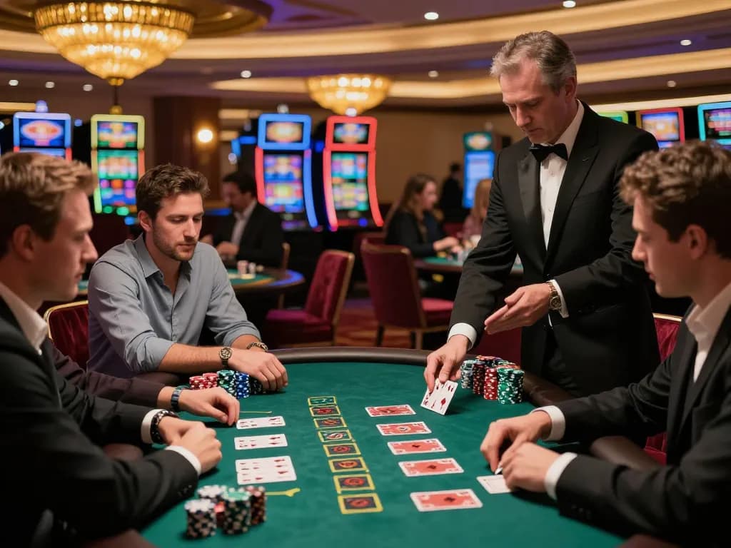 Players engaged at a high-stakes blackjack table at rik88 net casino, highlighting vibrant chips and dealer's cards.