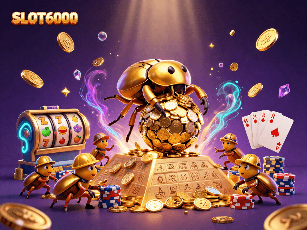 Experience thrilling slots gameplay with SLOT6000 as golden beetles roll coins to a casino pyramid.