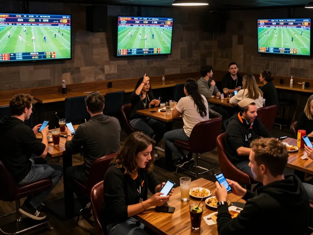 Exciting sports betting experience at 98win with fans cheering and placing bets on mobile devices.