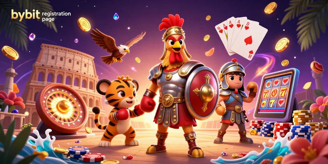 Experience the exciting bybit registration page with a dynamic 3D illustration showcasing a gladiator rooster and casino elements.