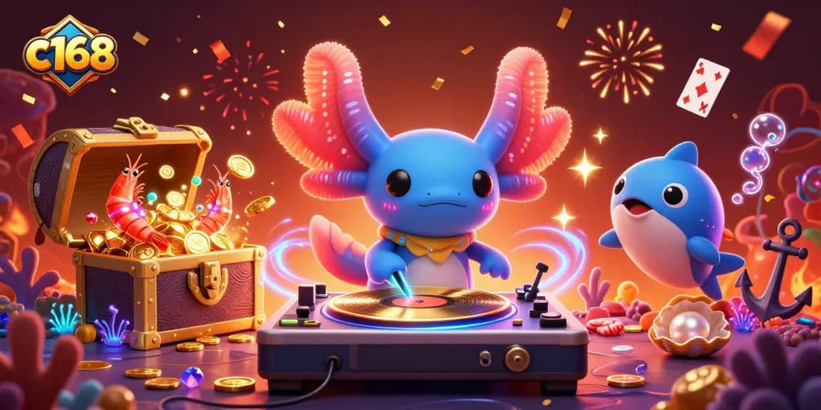 Experience the vibrant action of c168 with a neon axolotl DJ and dancing sea creatures in a casino setting.