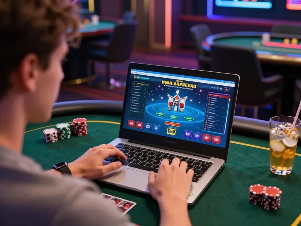 Engaged player strategizing poker bets at 88aa online gaming setup, showcasing immersive atmosphere.