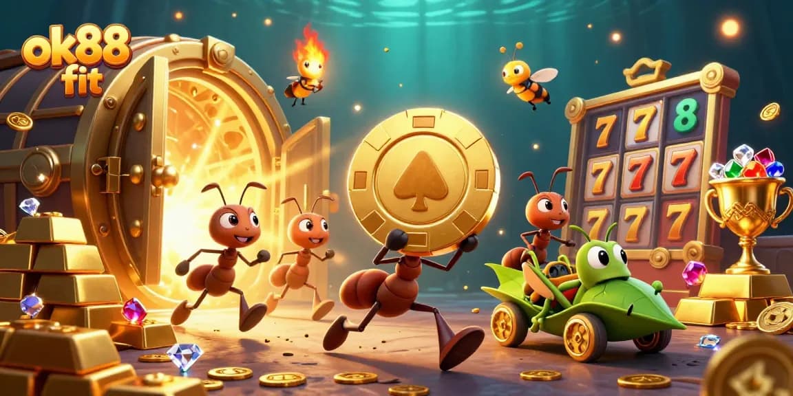 Experience the thrill of gaming with ok88 fit and cartoon ants carrying a giant poker chip.