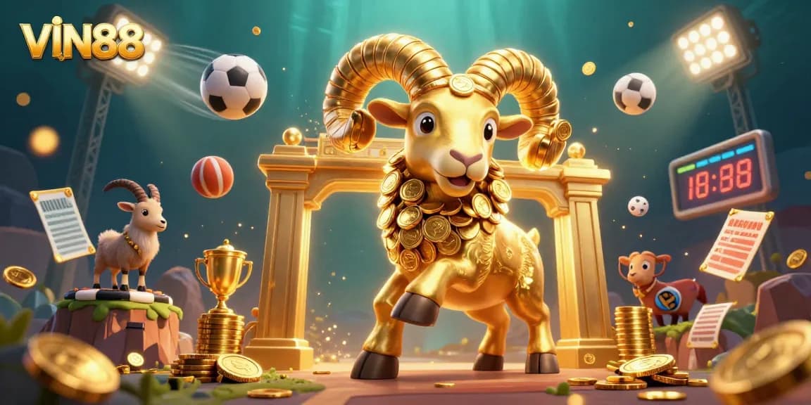 Engage with the excitement of VIN88's dynamic sports betting scene featuring a golden ram charging through with sports elements.