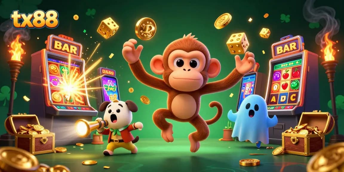 Experience the thrill of gaming with tx88 in this vibrant casino scene filled with golden treasures and entertaining characters.