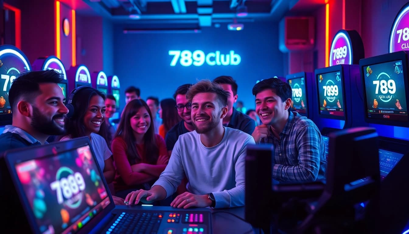 The thrilling environment of 789Club đăng nhập, showcasing enthusiastic gamers engaged with vibrant screens and dynamic gameplay in a modern setup.