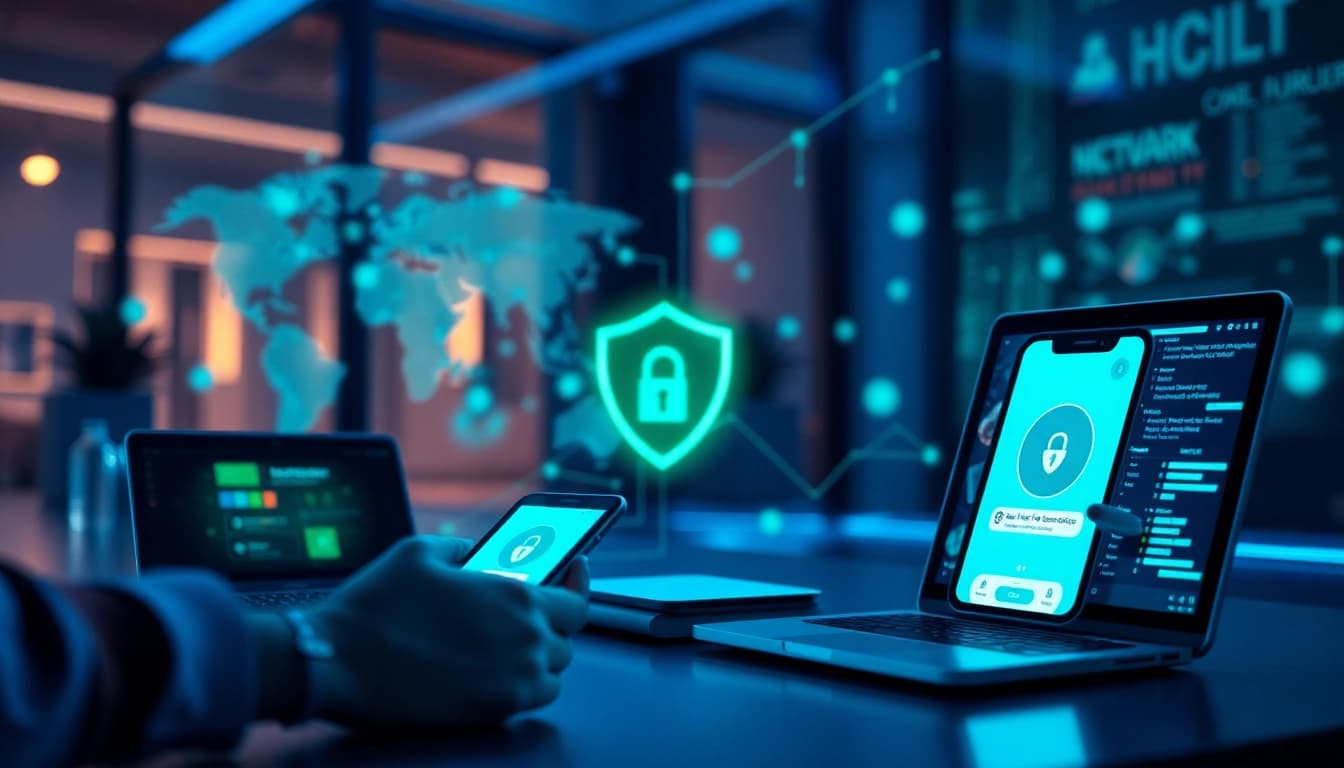 快连官网 showcasing innovative security technology with user-friendly interface and multiple devices connected.