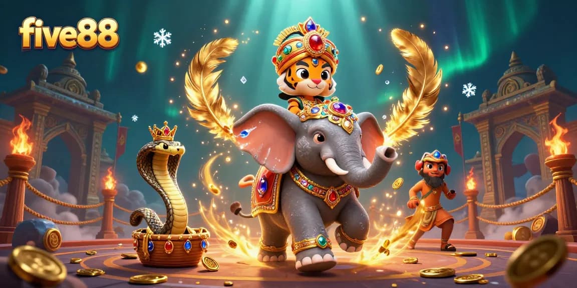 Experience excitement with five88 in this vibrant 3D casino illustration full of action and game elements.