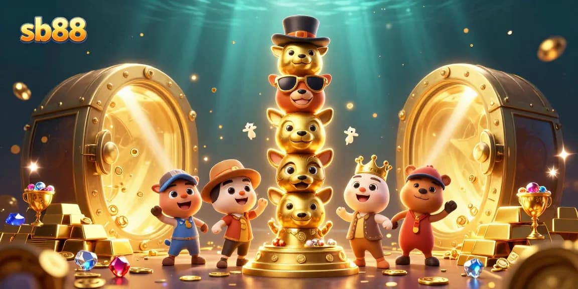 sb88 explores a vibrant casino scene filled with treasures and energetic characters in a 3D illustration