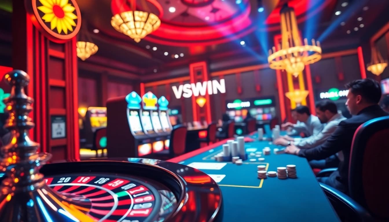 A thrilling VSWIN online casino experience featuring a roulette wheel and vibrant slot machines.