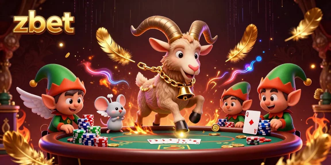 Engage with zbet's festive cartoon scene featuring Krampus, angel mouse, and elf gremlins stealing poker chips.