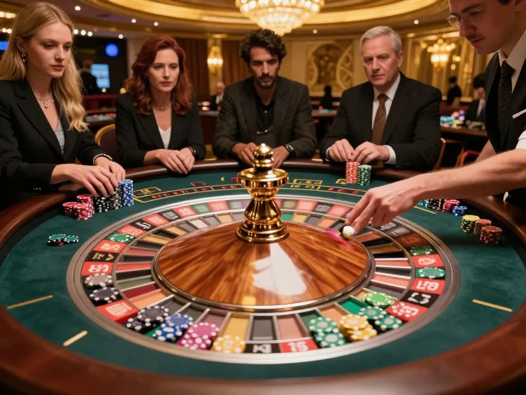 Players engaging at the roulette table in a luxury casino setting, showcasing excitement and strategy with VA88.