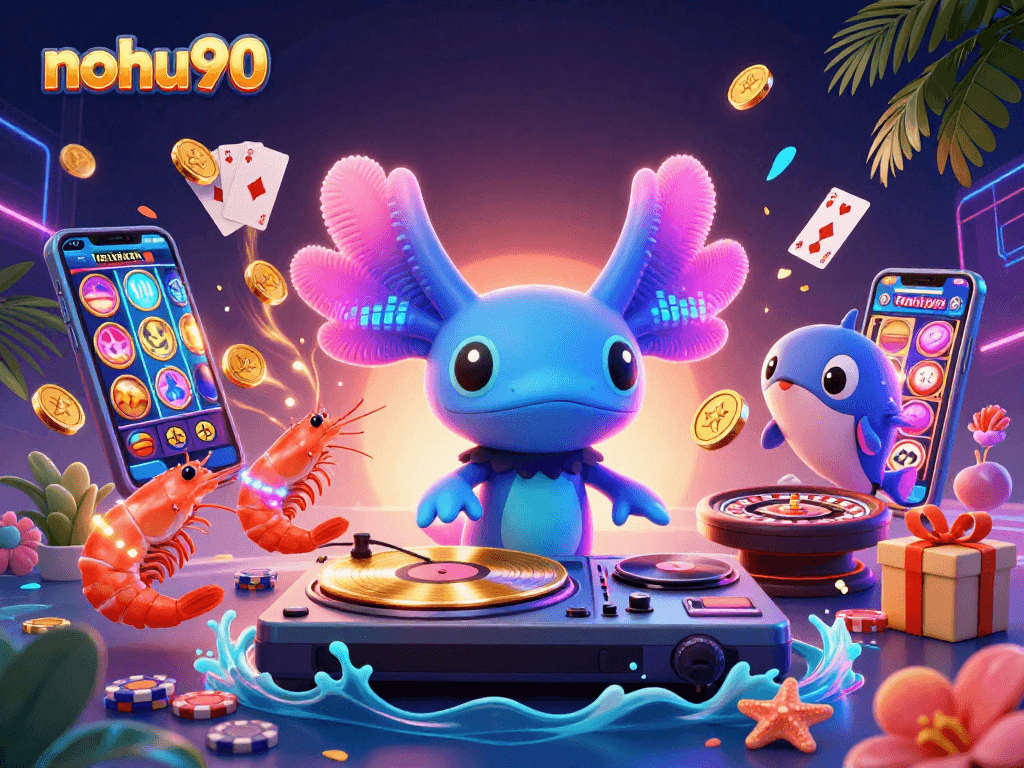 Nohu90 enhances gaming fun with a vibrant axolotl DJ, slot games, and party atmosphere.