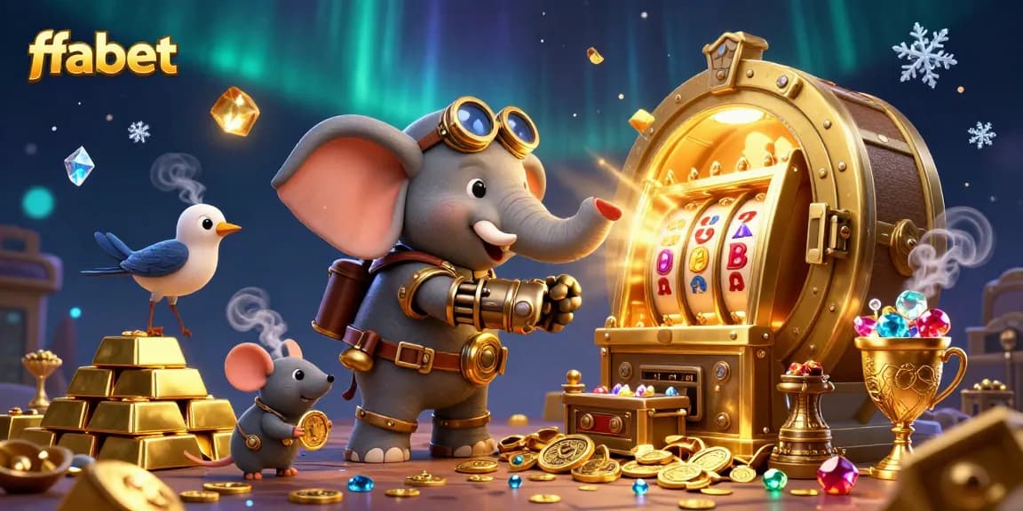 Experience the thrill of fabet with a vibrant scene of a steampunk elephant engineer operating a golden slot machine surrounded by treasures.