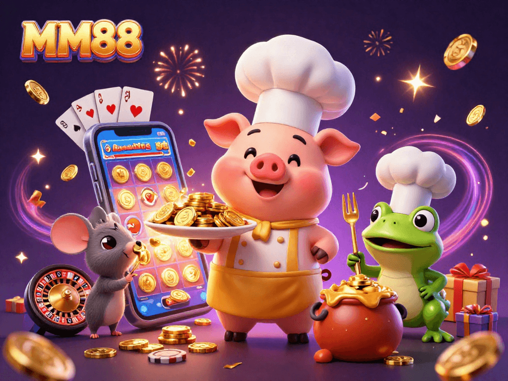 Experience the thrill at MM88 with a lively 3D scene of casino characters amidst gold and festive gaming elements.