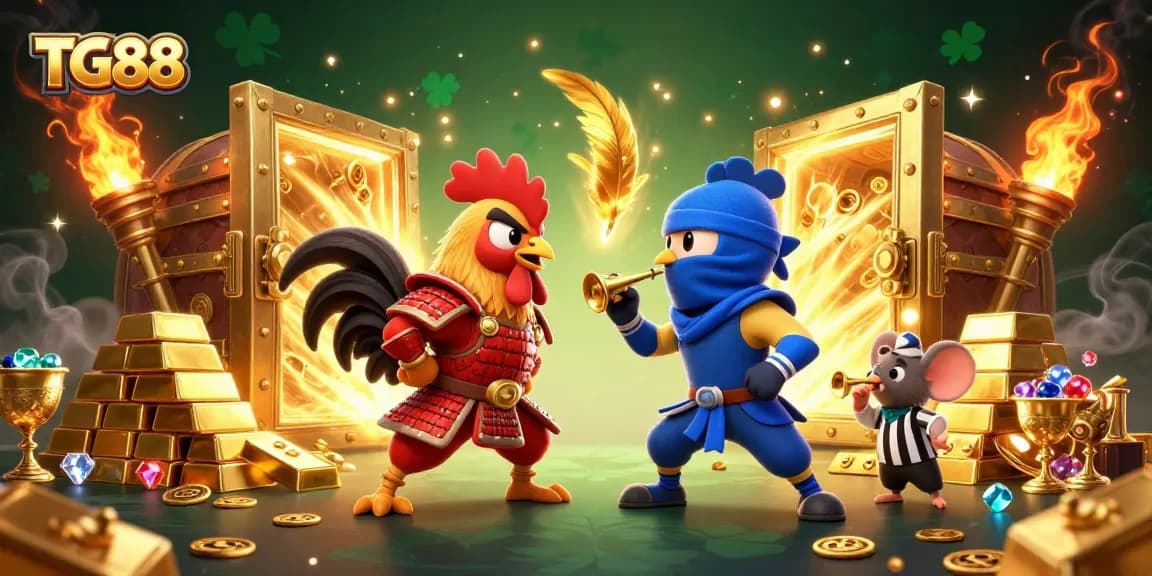 Engage with TG88's thrilling gaming experience featuring a dramatic rooster standoff amid gold treasures.