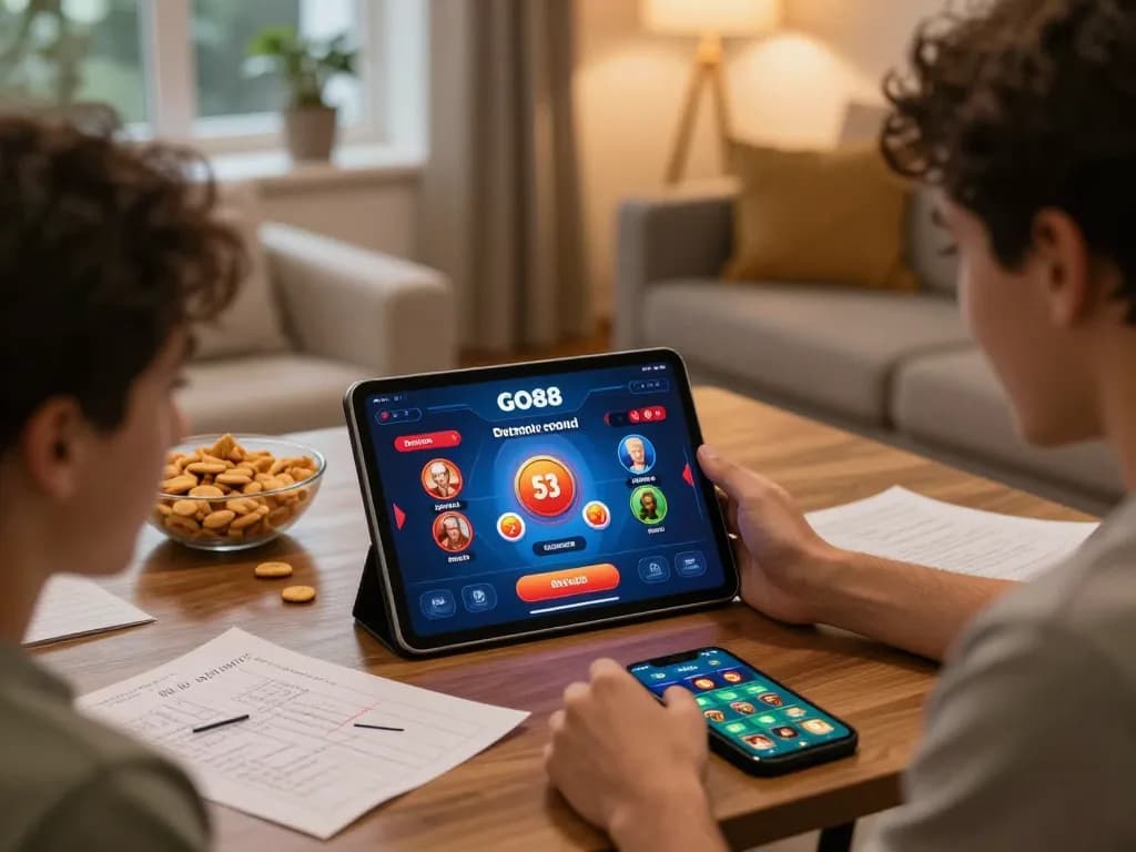 Players enjoying the GO88 app on a tablet while celebrating a win at home, enhancing online gaming experience.