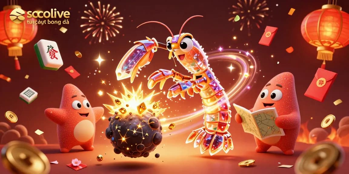 Socolive trực tiếp bóng đá features a vibrant 3D scene with a mantis shrimp and starfish celebrating wins, surrounded by gold coins and festive elements.