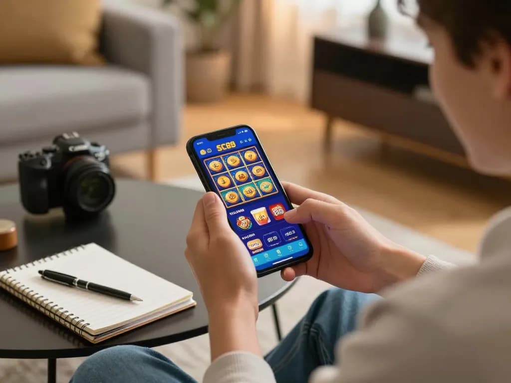 Player engaging with SC88 casino app on smartphone in a cozy home setting