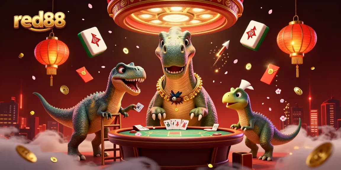 Experience thrilling gameplay at red88 with a giant brontosaurus overlooking a vibrant casino scene.