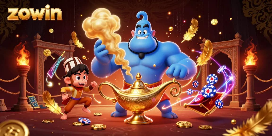 Zowin casino illustration showcasing a genie and a monkey on a magical carpet with poker chips.