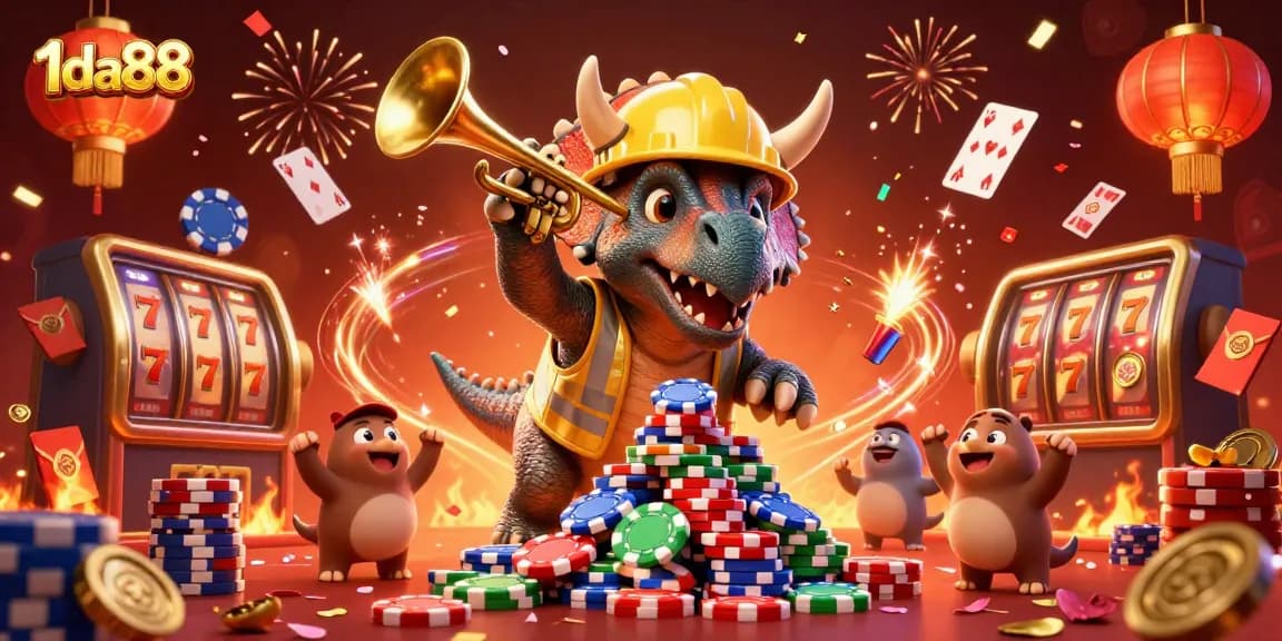 Engage with vibrant 1da88 casino action featuring a triceratops, celebrating compys, and colorful gaming elements.