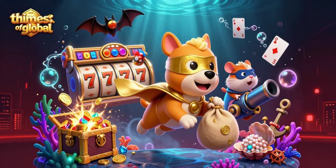 Thetimesofglobal showcases a superhero dog and hamster in a vibrant casino-themed illustration, highlighting exciting gaming elements.