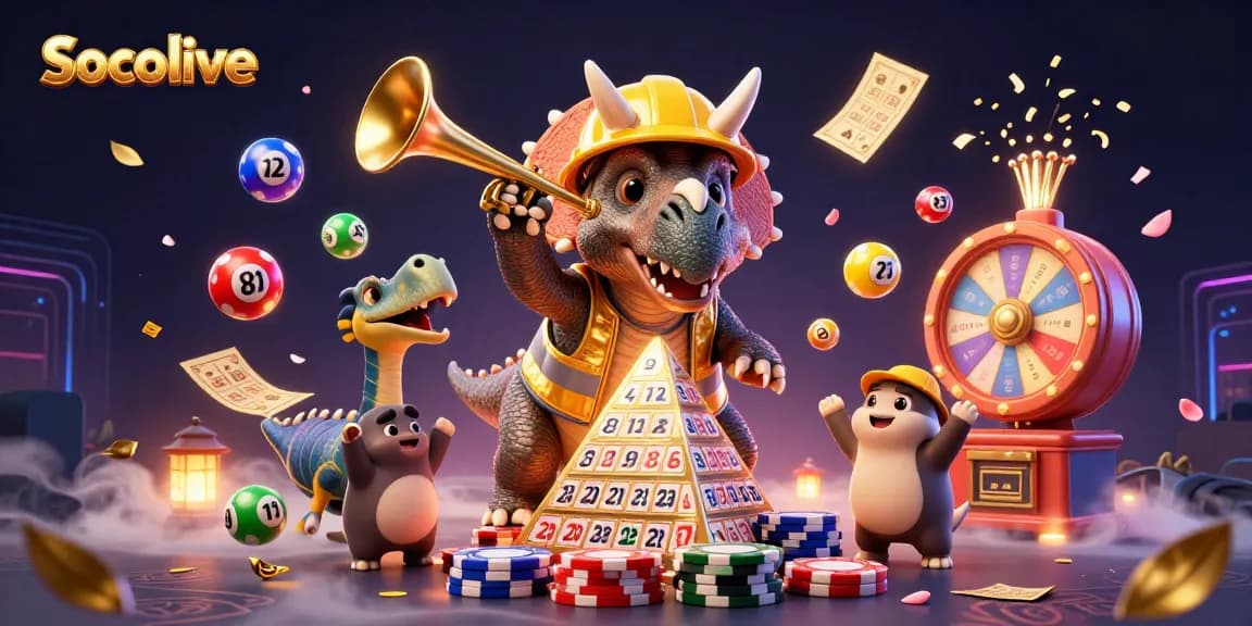 Socolive offers an engaging atmosphere with triceratops building poker chips while lottery elements bounce around.