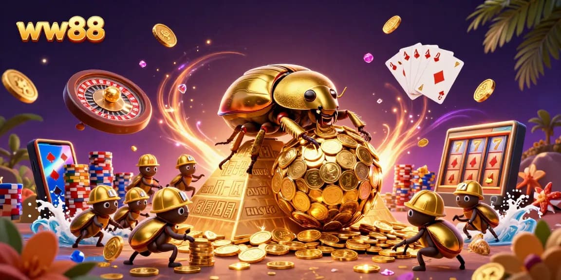 win big with ww88, featuring a massive dung beetle pushing coins and vibrant casino elements