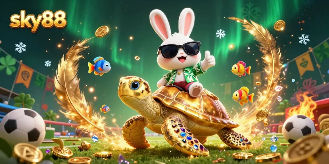 Join the excitement at sky88 with a lucky rabbit and turtle amidst vibrant sports betting action.