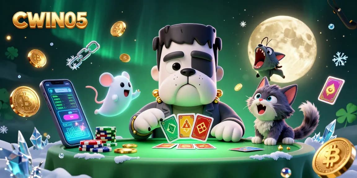 CWIN05 players enjoying a thrilling card game with unique characters at a lively casino scene.
