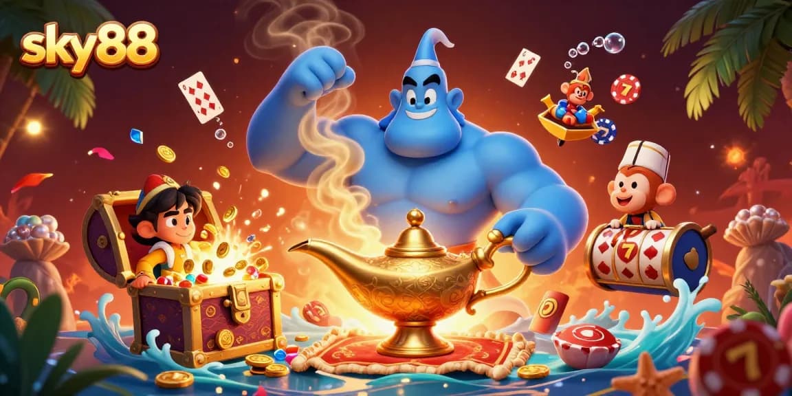 Experience sky88's thrilling casino atmosphere with a magical genie, poker chips, and underwater treasures.