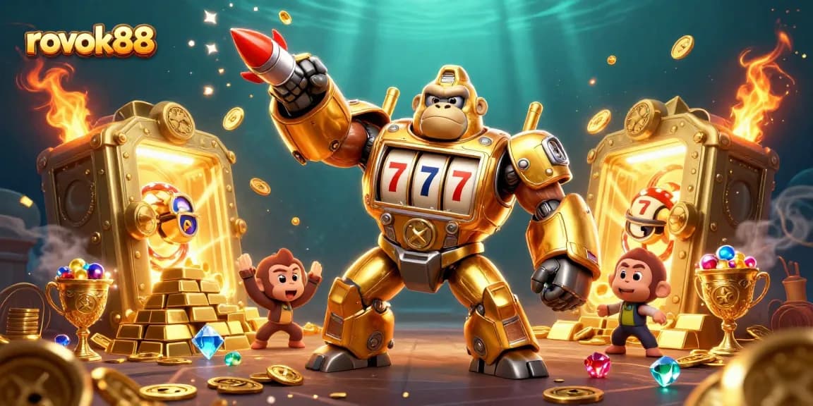 Engage with exciting rokok88 gaming elements featuring a mechanical gorilla mech bursting with treasures.