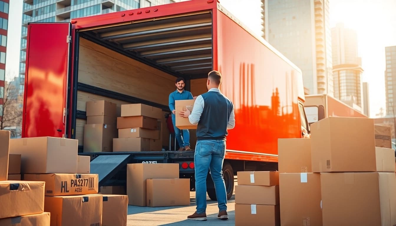 Calgary movers efficiently loading a moving truck in the city with teamwork and enthusiasm.