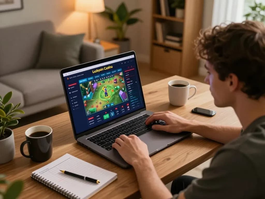 Engaging with the luckywin casino game interface on a stylish home setup