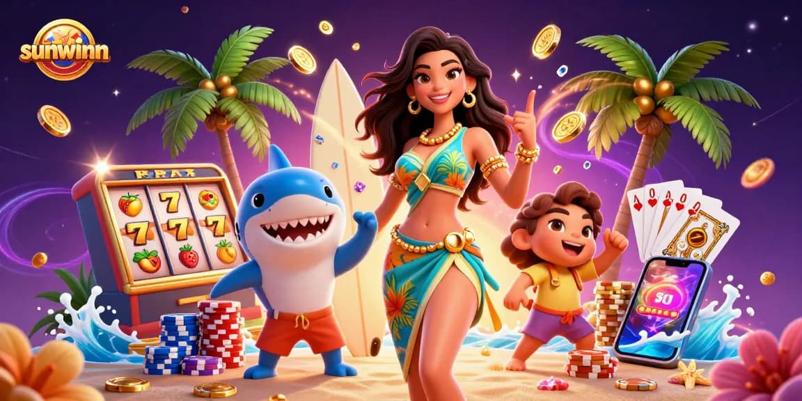 Spin the reels with sunwinn’s vibrant casino scene featuring golden coins and lively characters.