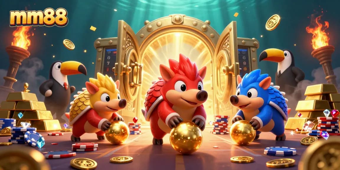 mm88 pangolins bowling through poker chips, showcasing a high-stakes gaming atmosphere
