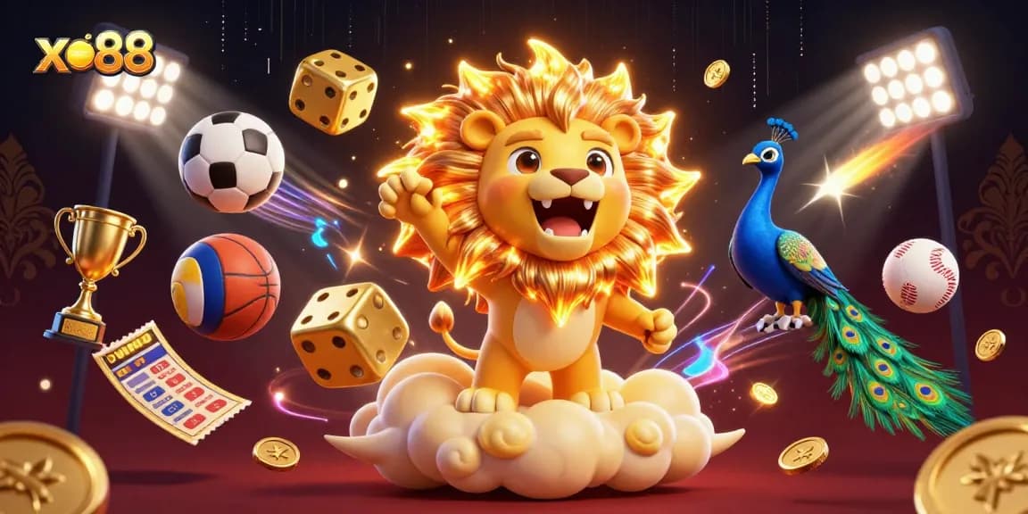 Experience thrilling gaming with xo88 featuring a roaring lion, dynamic sports elements, and golden trophies.