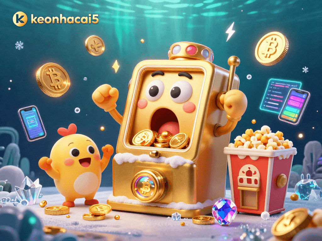 Engaging keonhacai5 scene featuring a golden slot machine winning a jackpot amid vibrant crypto symbols.