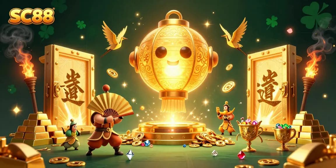 Experience thrilling wins at SC88 with a vibrant casino scene featuring fortune elements and lucky symbols.