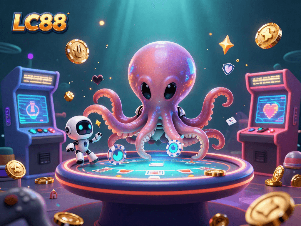 Play exciting poker at LC88 with a vibrant alien octopus operating a floating table with a tiny robot.