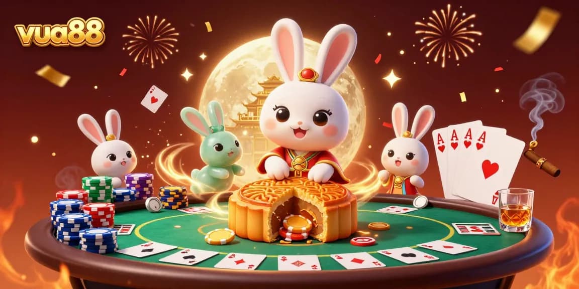 Experience the thrilling action of vua88 with a vibrant poker scene featuring a lunar rabbit in a dynamic casino setting.
