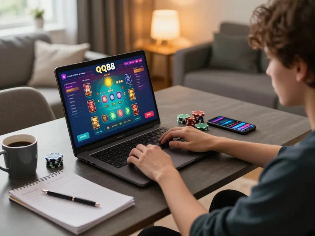 A player engaged in qq88 online casino games using a laptop at home, emphasizing a strategic gaming atmosphere.