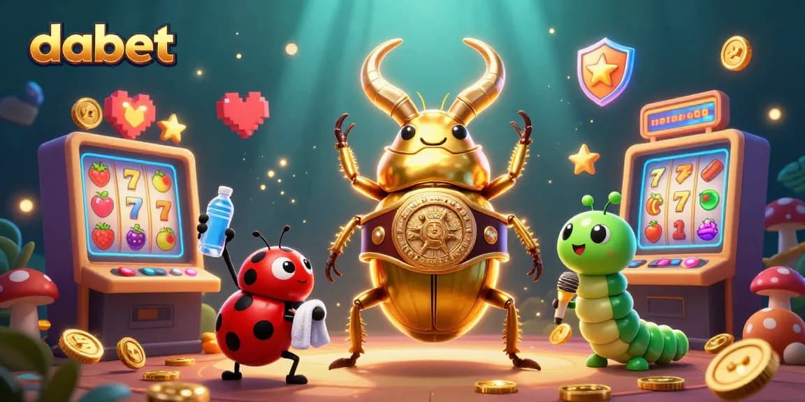 dabet showcases a thrilling slots scene with a golden stag beetle, ladybug, and vibrant 3D elements.