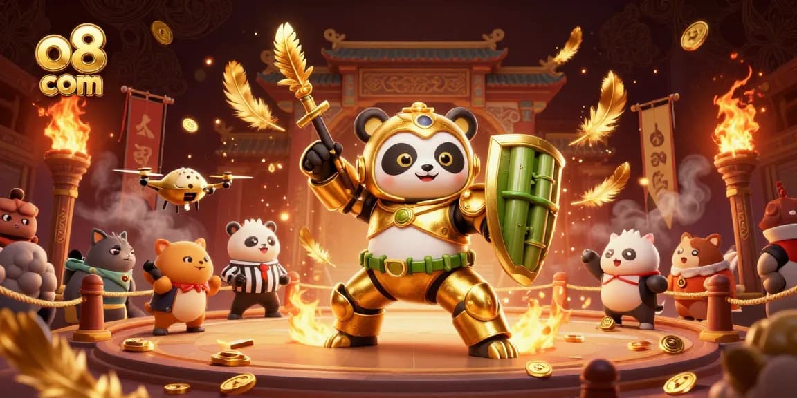 Experience thrilling betting at o8 com with an ultra-detailed 3D illustration of a golden panda and dynamic gaming elements.