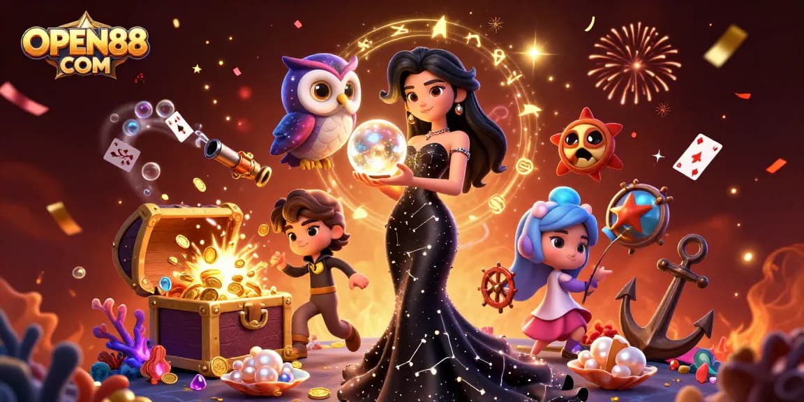 Engage with OPEN88 COM casino magic, featuring vibrant characters and exciting gaming elements.
