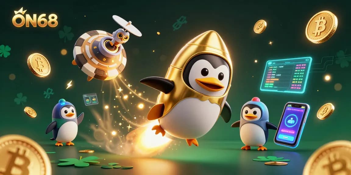 Bet on ON68 as a golden penguin navigates a vibrant casino-themed universe filled with crypto elements.