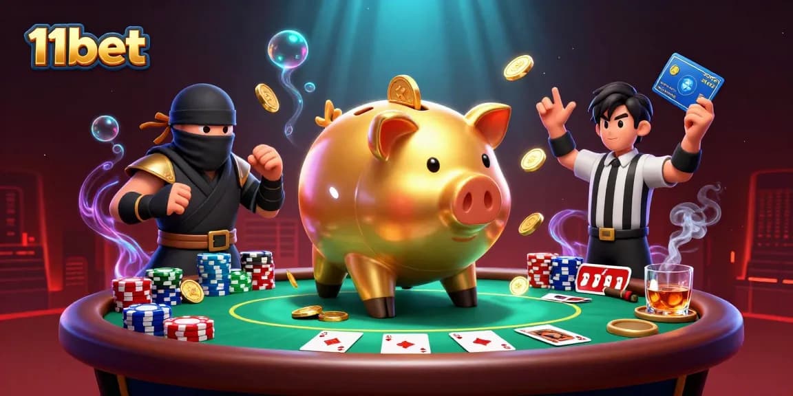 Engage with 11bet's dynamic gaming scene featuring a sumo wrestler, ninja, and samurai in lively casino action.