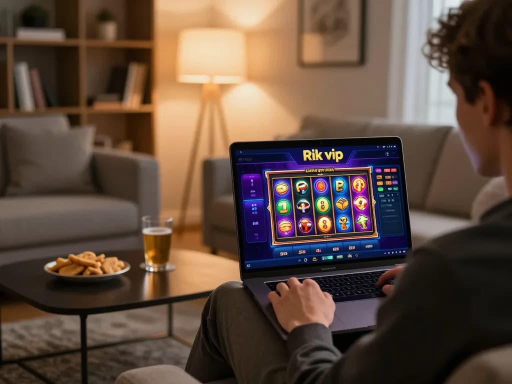 Engaging with rik vip online slots, a player enjoys a cozy gaming experience in a stylish home.