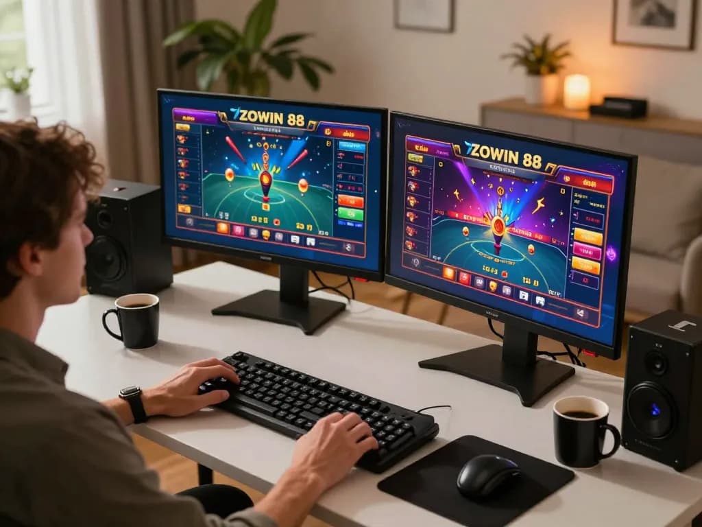 ZOWIN 88 online gaming setup showcasing a player engaged in casino gameplay in a cozy environment